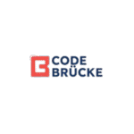 Code Brücke logo with red and white initial icon and blue modern text on white background