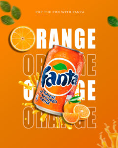 Fanta orange flavored drink can with fresh orange slices and splash on vibrant orange background