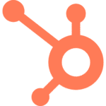 Orange HubSpot logo with connected dots and circular network on white background