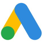 Google Ads logo with yellow angled bar and blue diagonal bar intersecting a green circle on white background