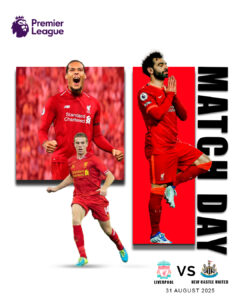 Liverpool footballers in action, Premier League match day poster for Liverpool vs Newcastle United, 31 August 2025